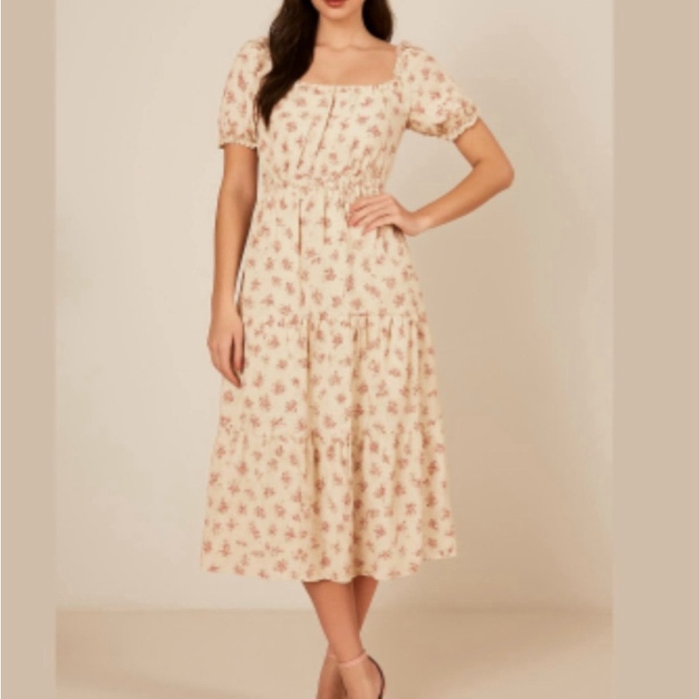 Monteau Cream Maxi Dress with Red Floral Print